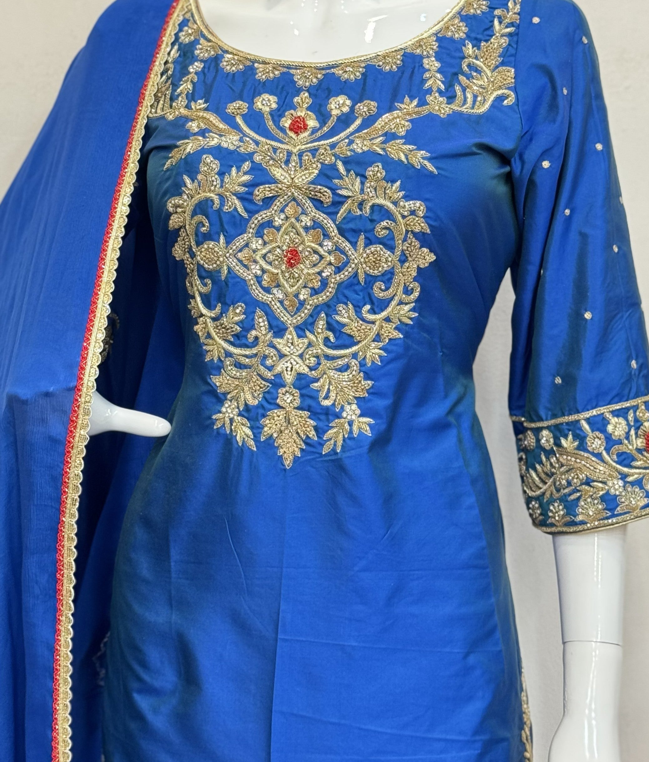 Royal Blue Hand Embroidered Punjabi Suit Set with Silk Brocade Salwar