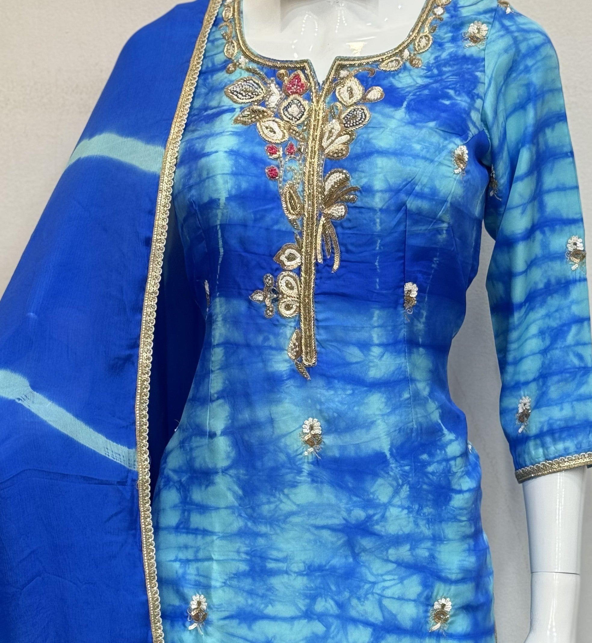 Royal Blue Pure Silk Punjabi Suit Set with Pure Leheriya Dupatta