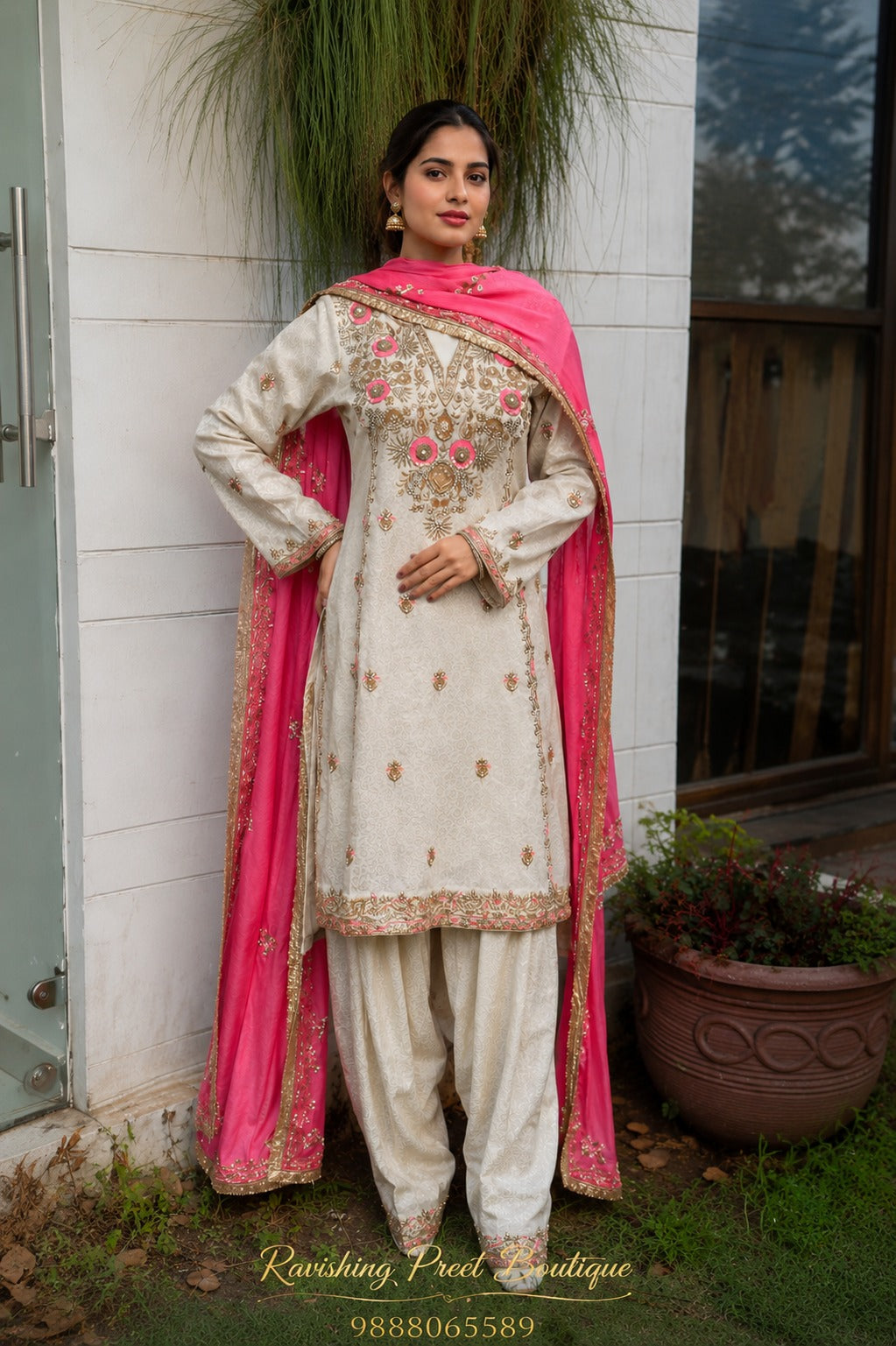 Ivory Pink Zardozi Hand Embroidered Punjabi Suit Set