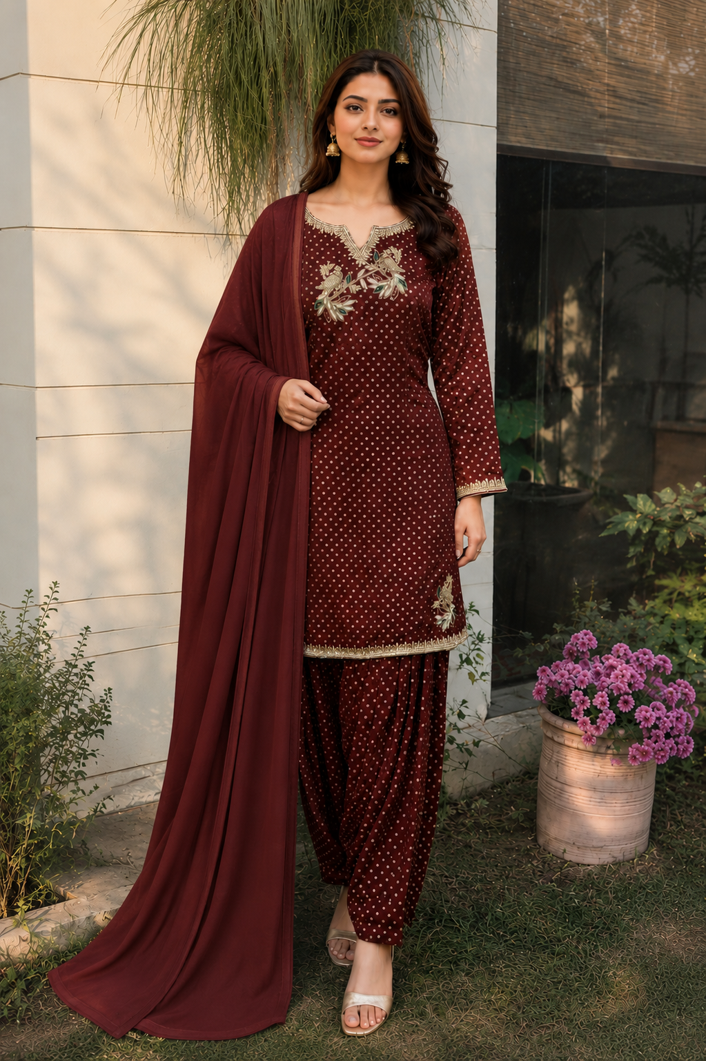 Maroon Polka Embroidered Punjabi Suit Set