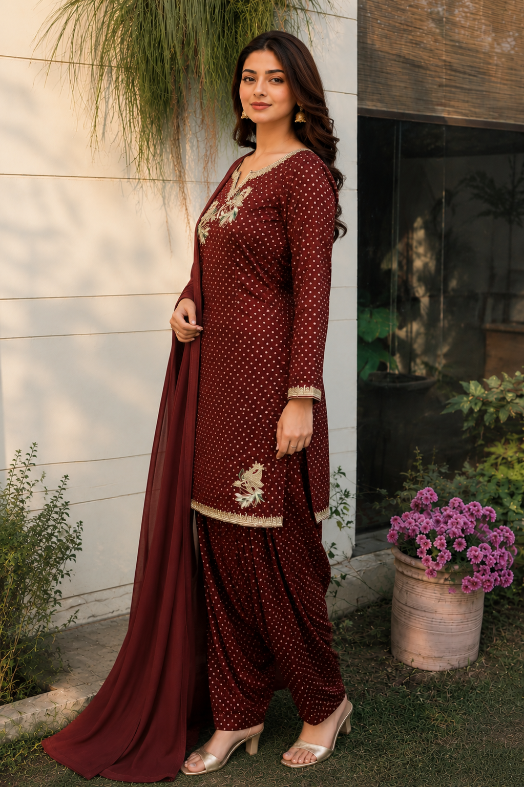 Maroon Polka Embroidered Punjabi Suit Set