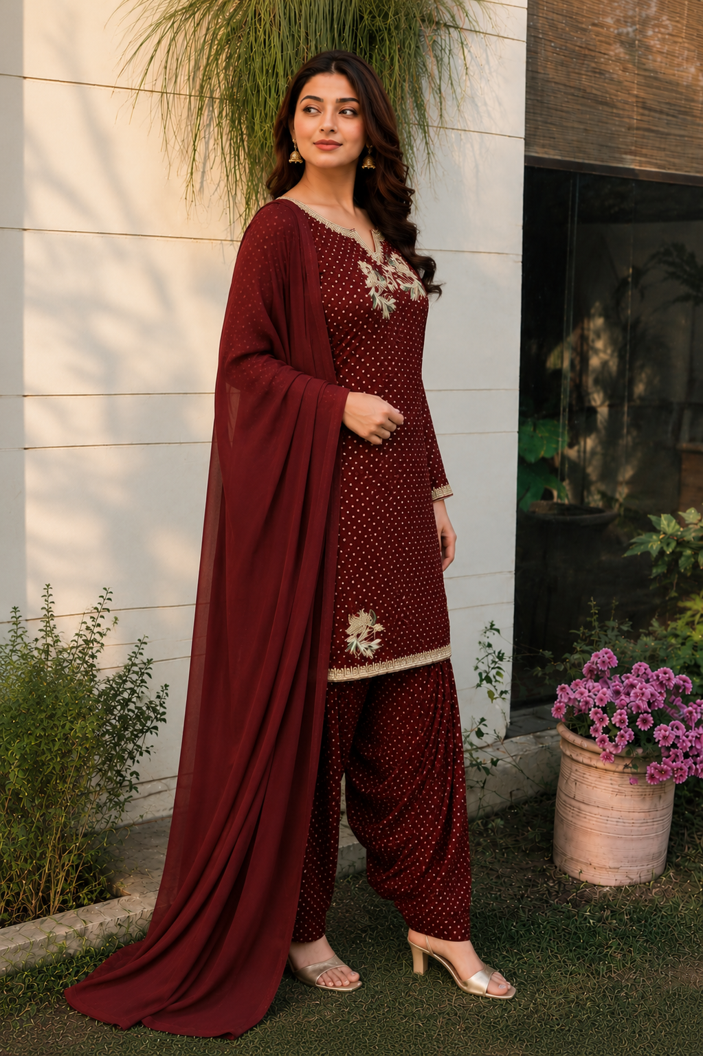 Maroon Polka Embroidered Punjabi Suit Set