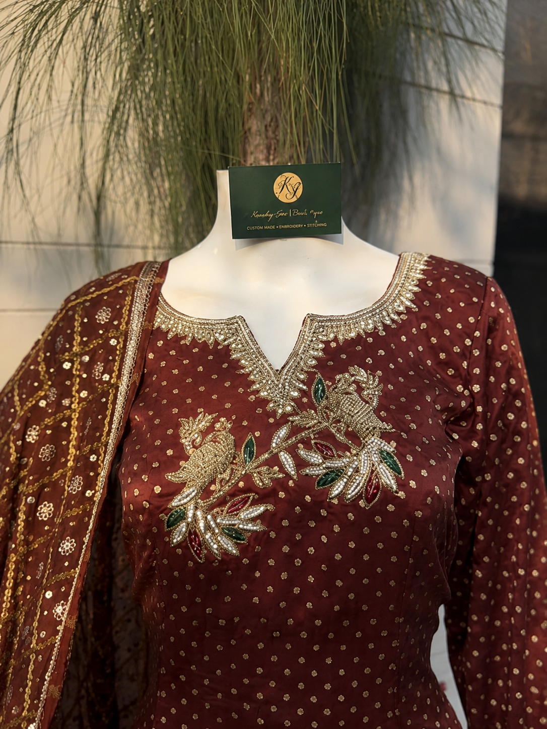 Maroon Polka Embroidered Punjabi Suit Set