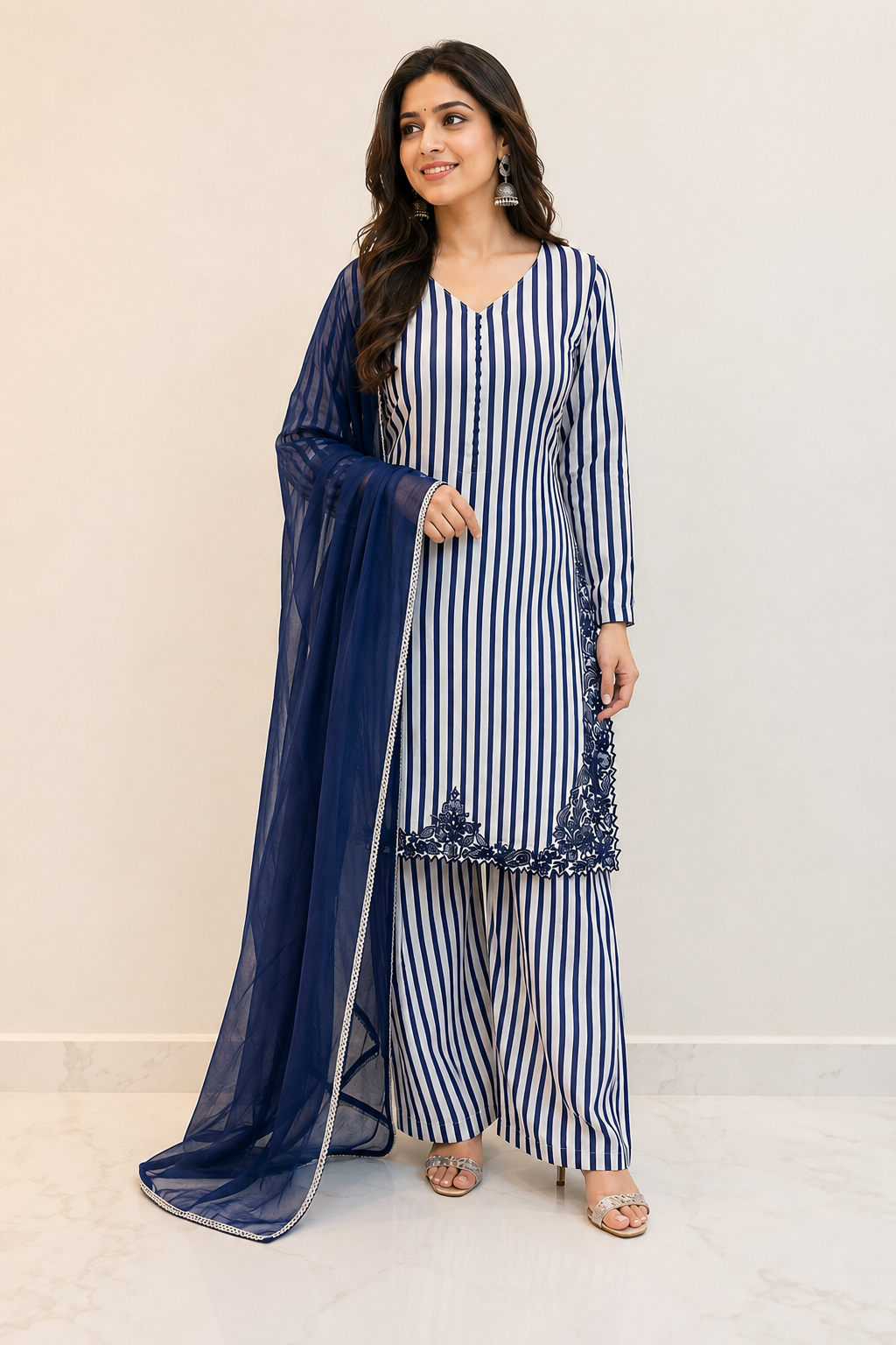 Navy Blue Striped Embroidered Punjabi Suit Set