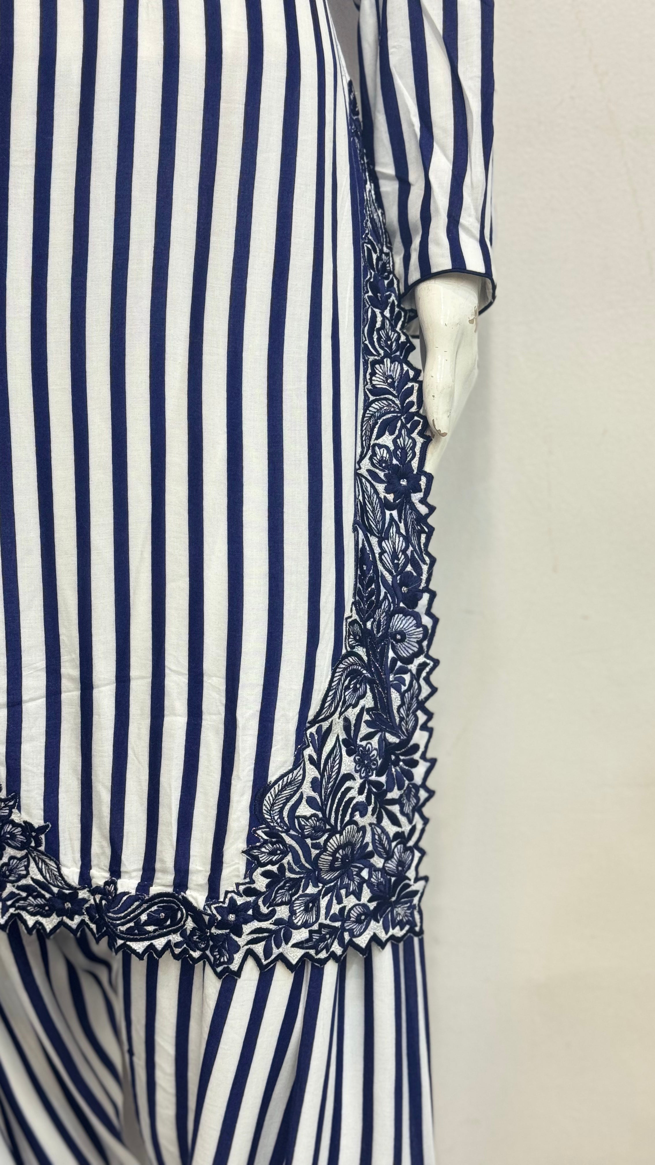 Navy Blue Striped Embroidered Punjabi Suit Set