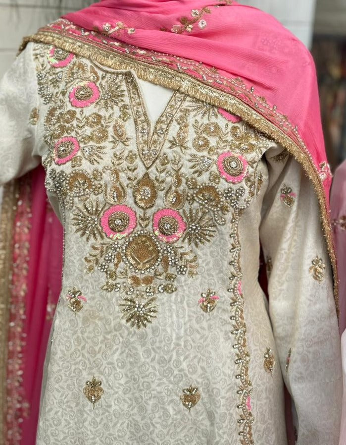 Ivory Pink Zardozi Hand Embroidered Punjabi Suit Set