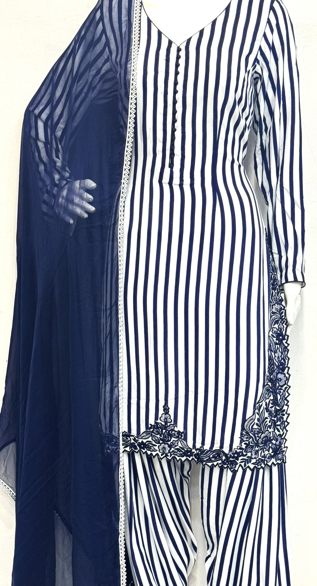 Navy Blue Striped Embroidered Punjabi Suit Set