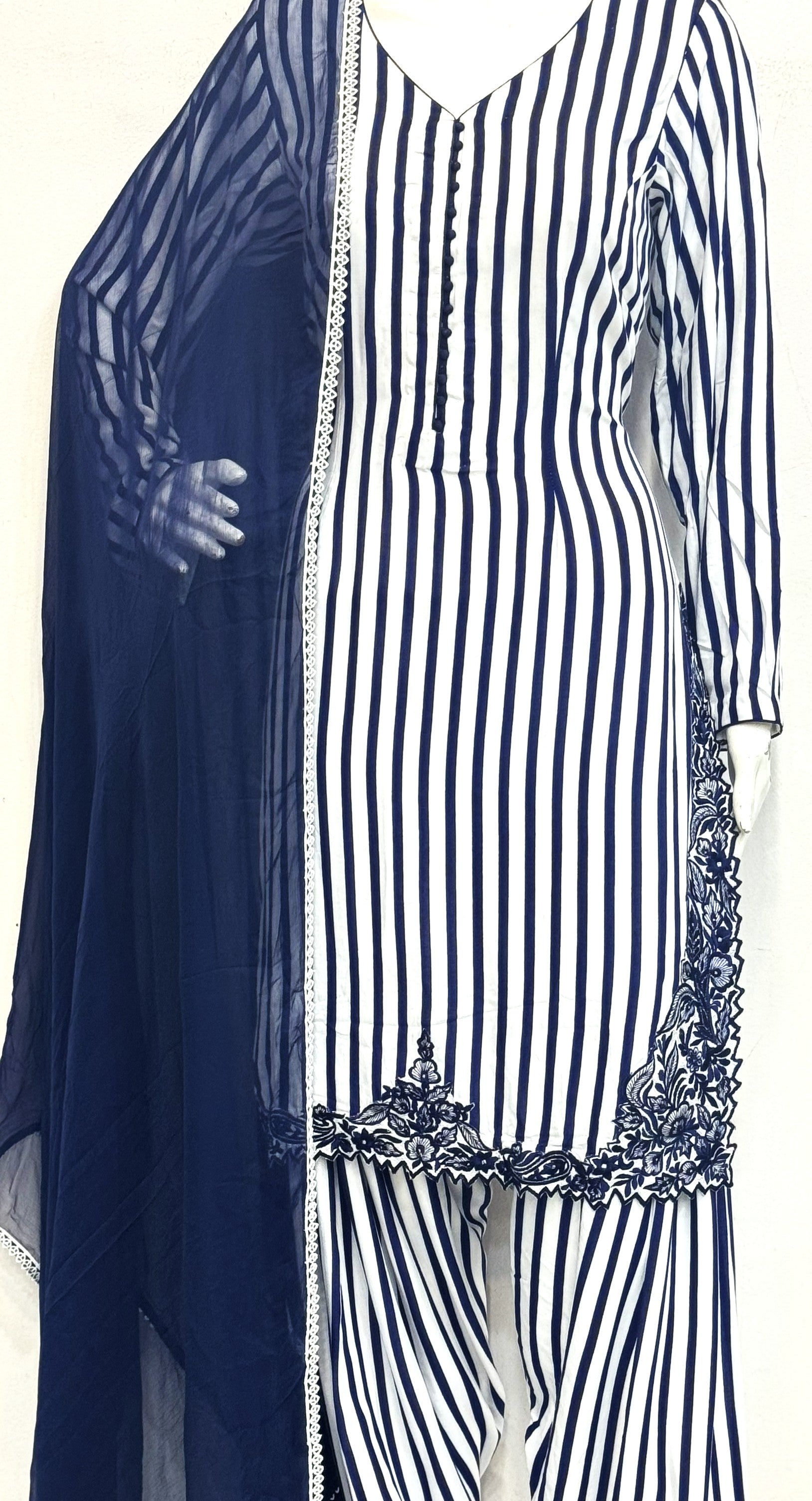 Navy Blue Striped Embroidered Punjabi Suit Set