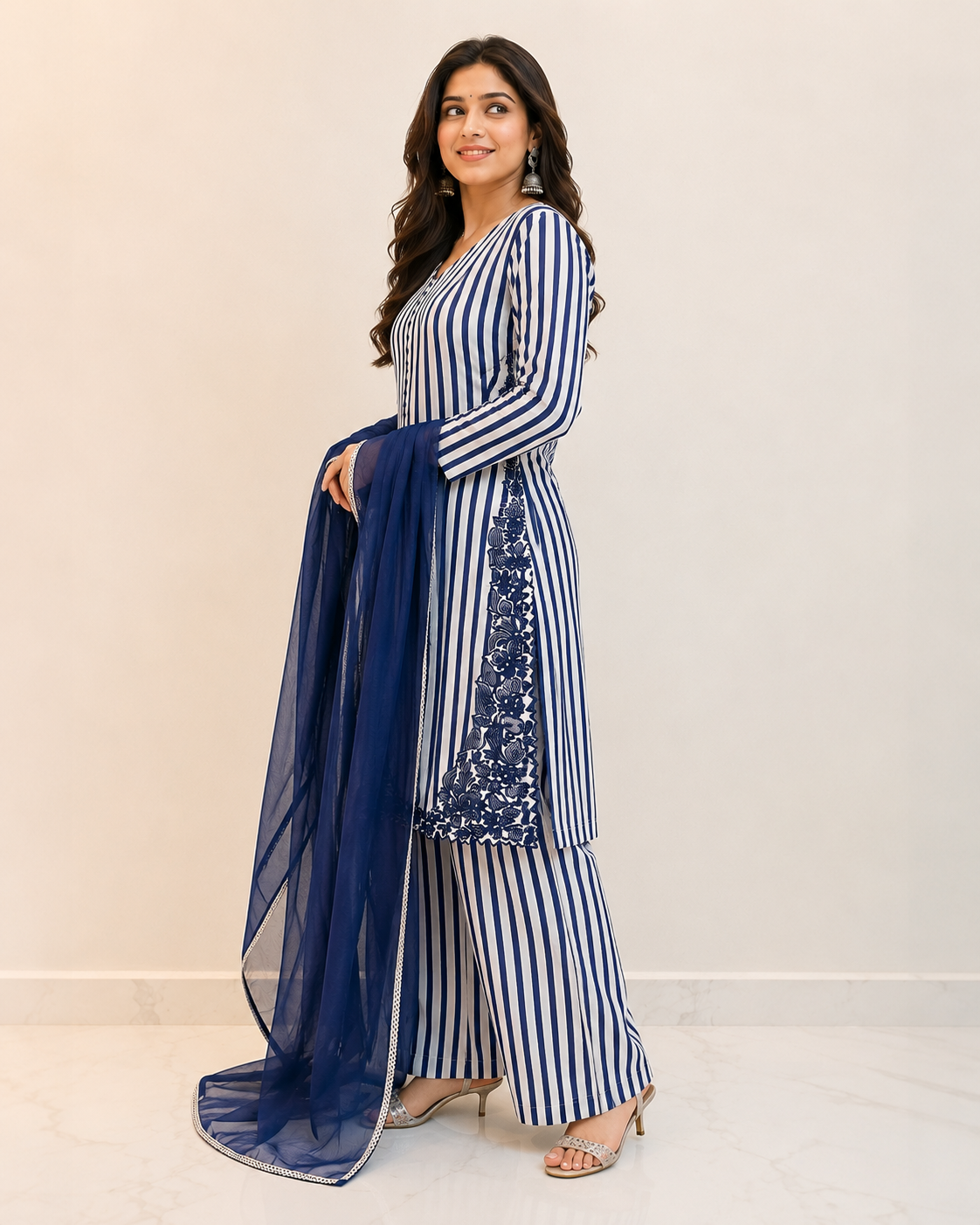 Navy Blue Striped Embroidered Punjabi Suit Set