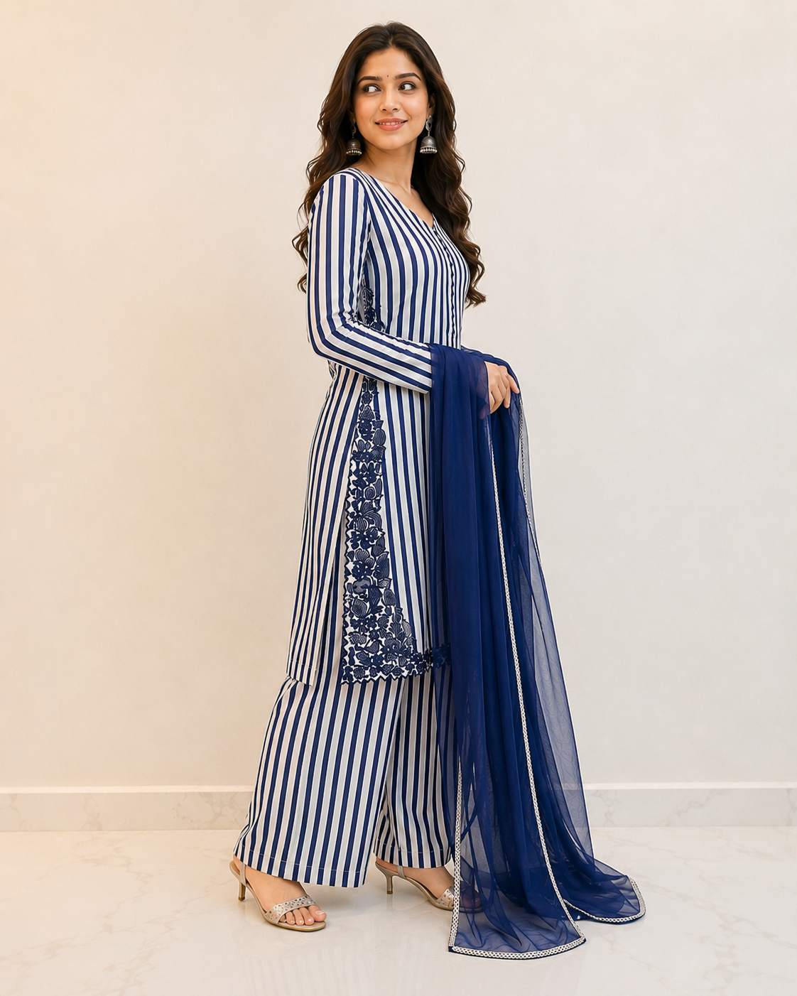 Navy Blue Striped Embroidered Punjabi Suit Set