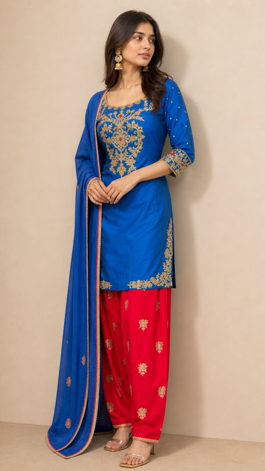 Royal Blue Hand Embroidered Punjabi Suit Set with Silk Brocade Salwar