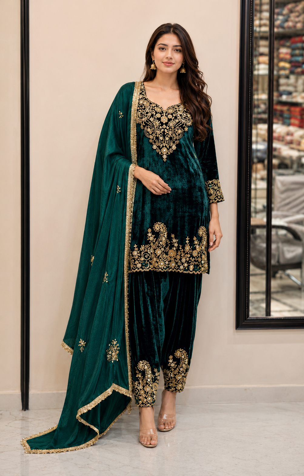 Emerald Velvet Hand Embroidered Punjabi Suit Set