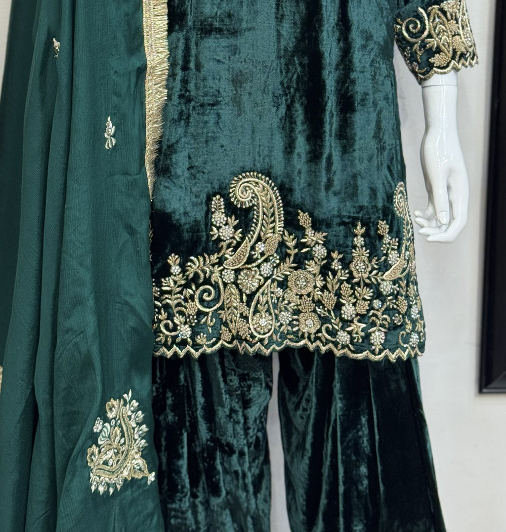 Emerald Velvet Hand Embroidered Punjabi Suit Set