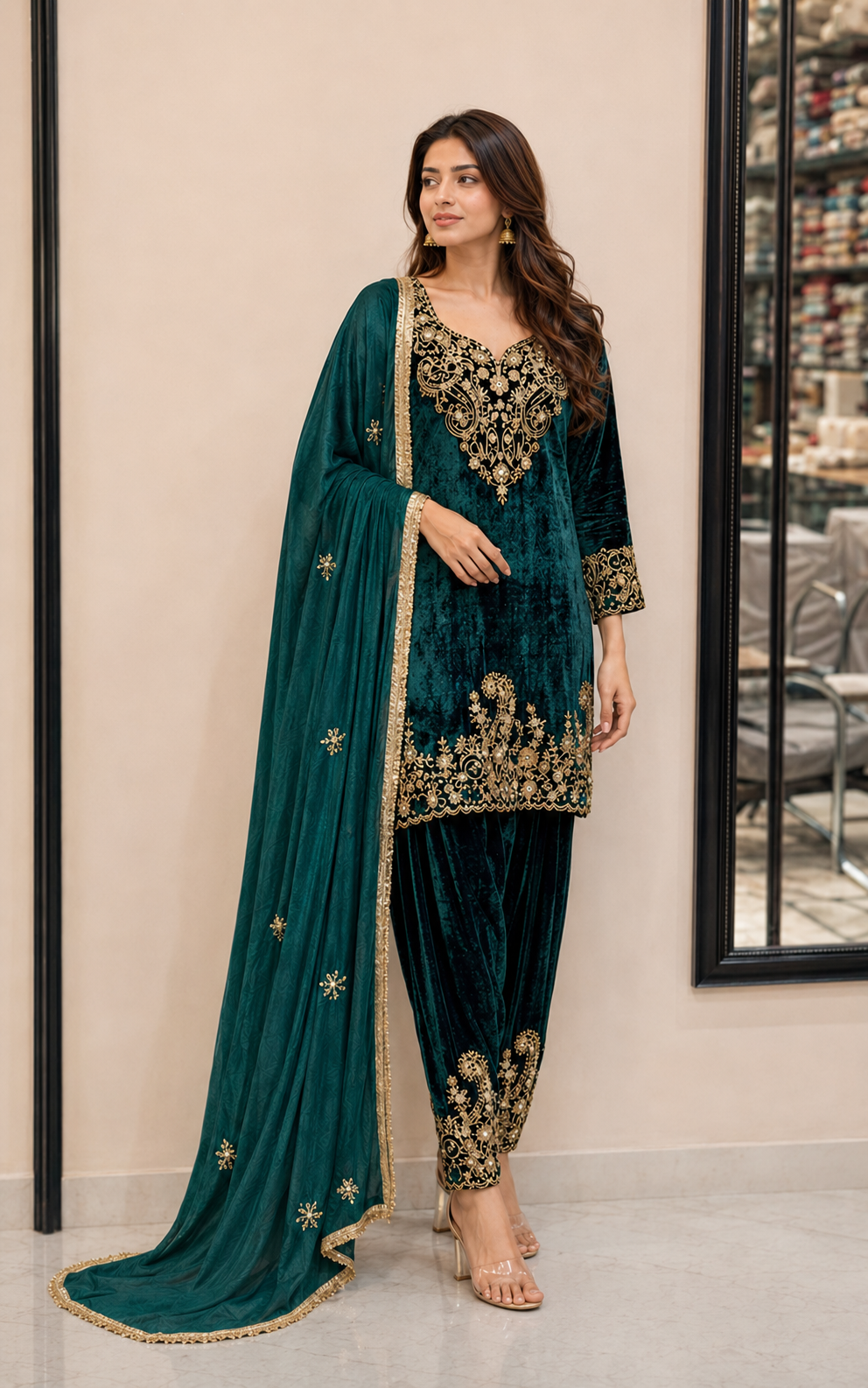 Emerald Velvet Hand Embroidered Punjabi Suit Set