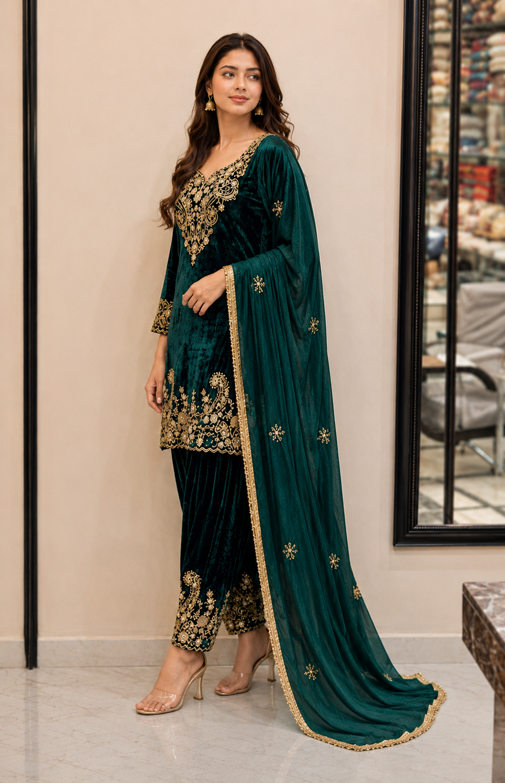 Emerald Velvet Hand Embroidered Punjabi Suit Set