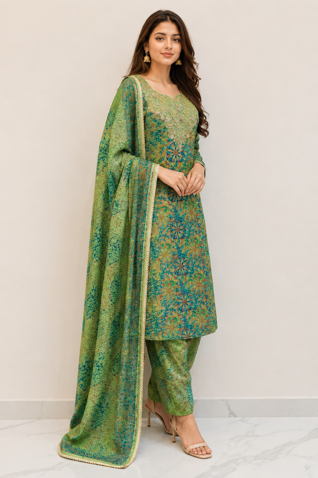 Emerald Green Embroidered Punjabi Suit Set