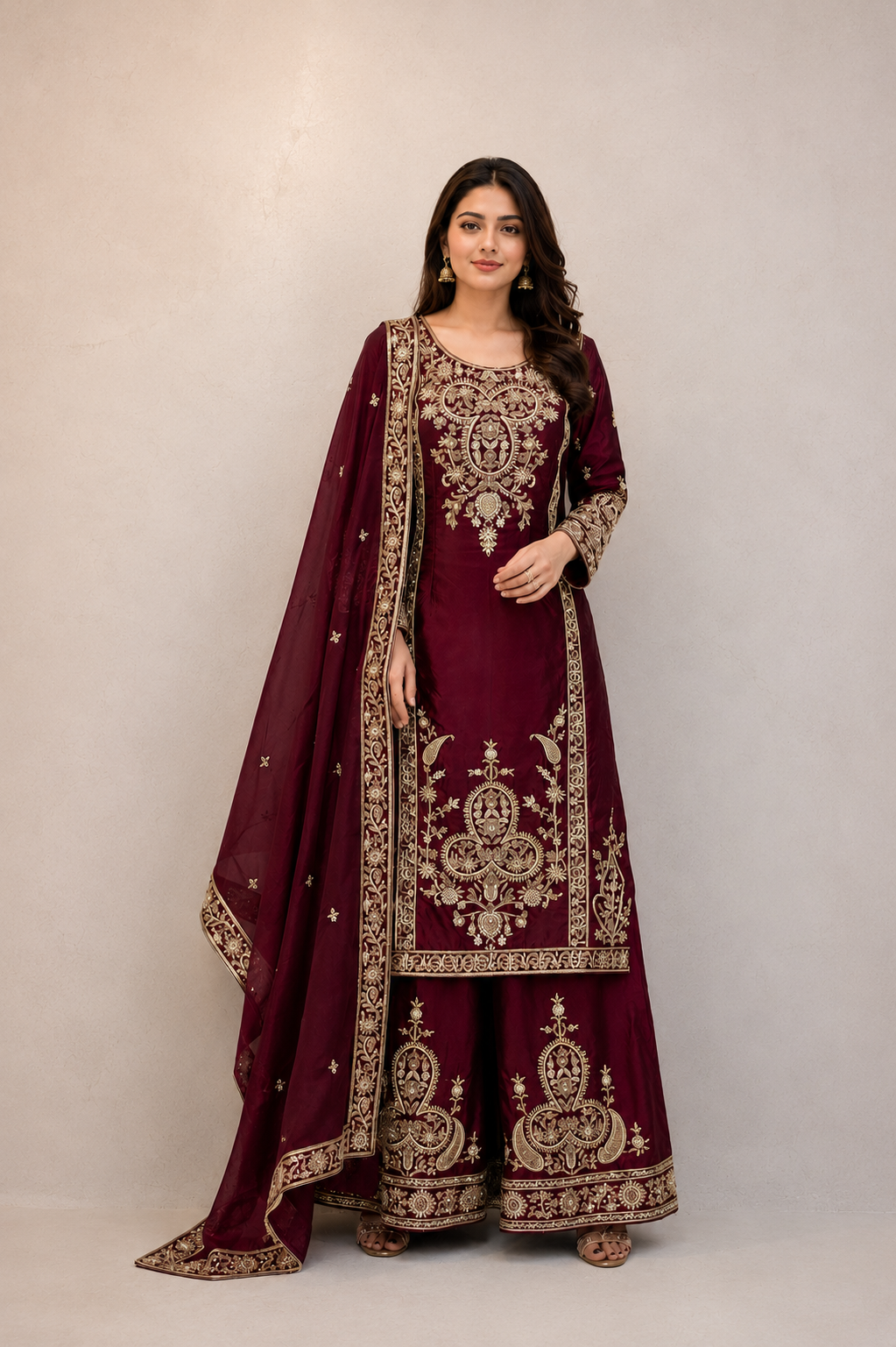 Royal Wine Hand Embroidered Punjabi Suit Set