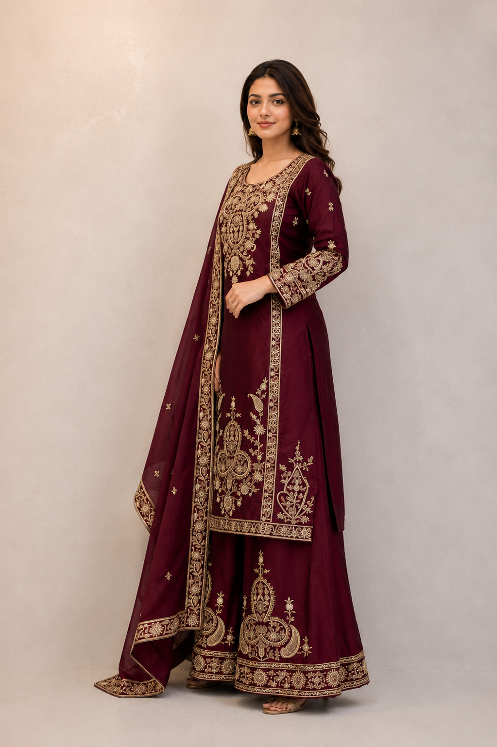 Royal Wine Hand Embroidered Punjabi Suit Set