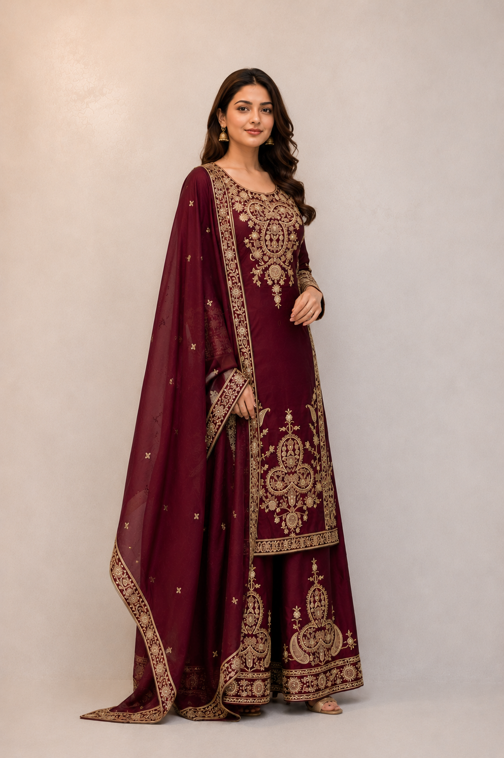 Royal Wine Hand Embroidered Punjabi Suit Set