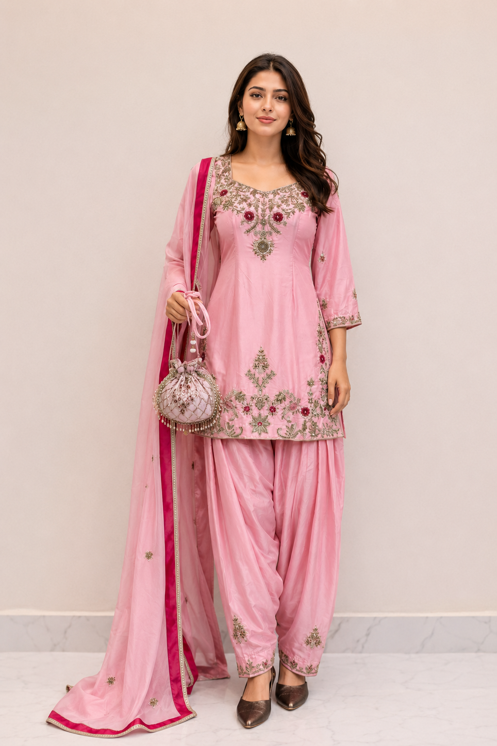 Baby Pink Floral Embroidered Punjabi Suit Set
