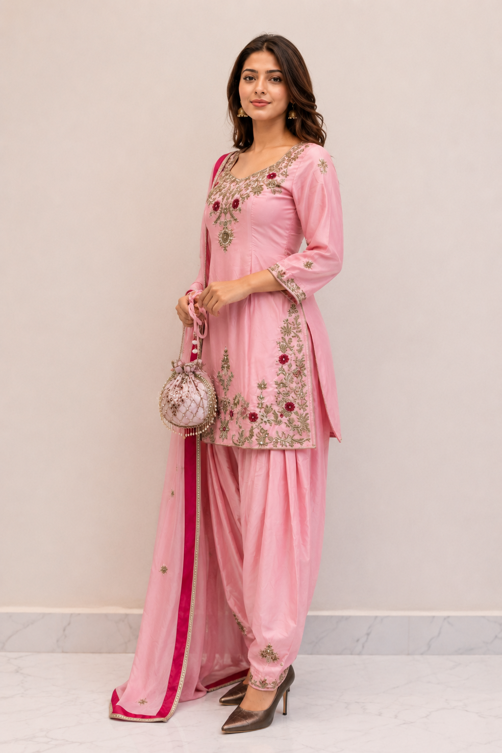 Baby Pink Floral Embroidered Punjabi Suit Set