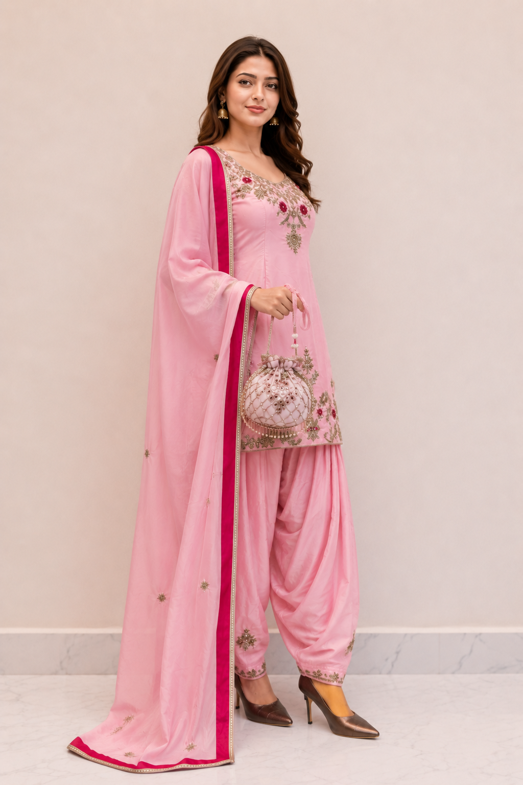 Baby Pink Floral Embroidered Punjabi Suit Set