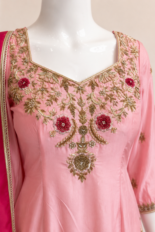 Baby Pink Floral Embroidered Punjabi Suit Set