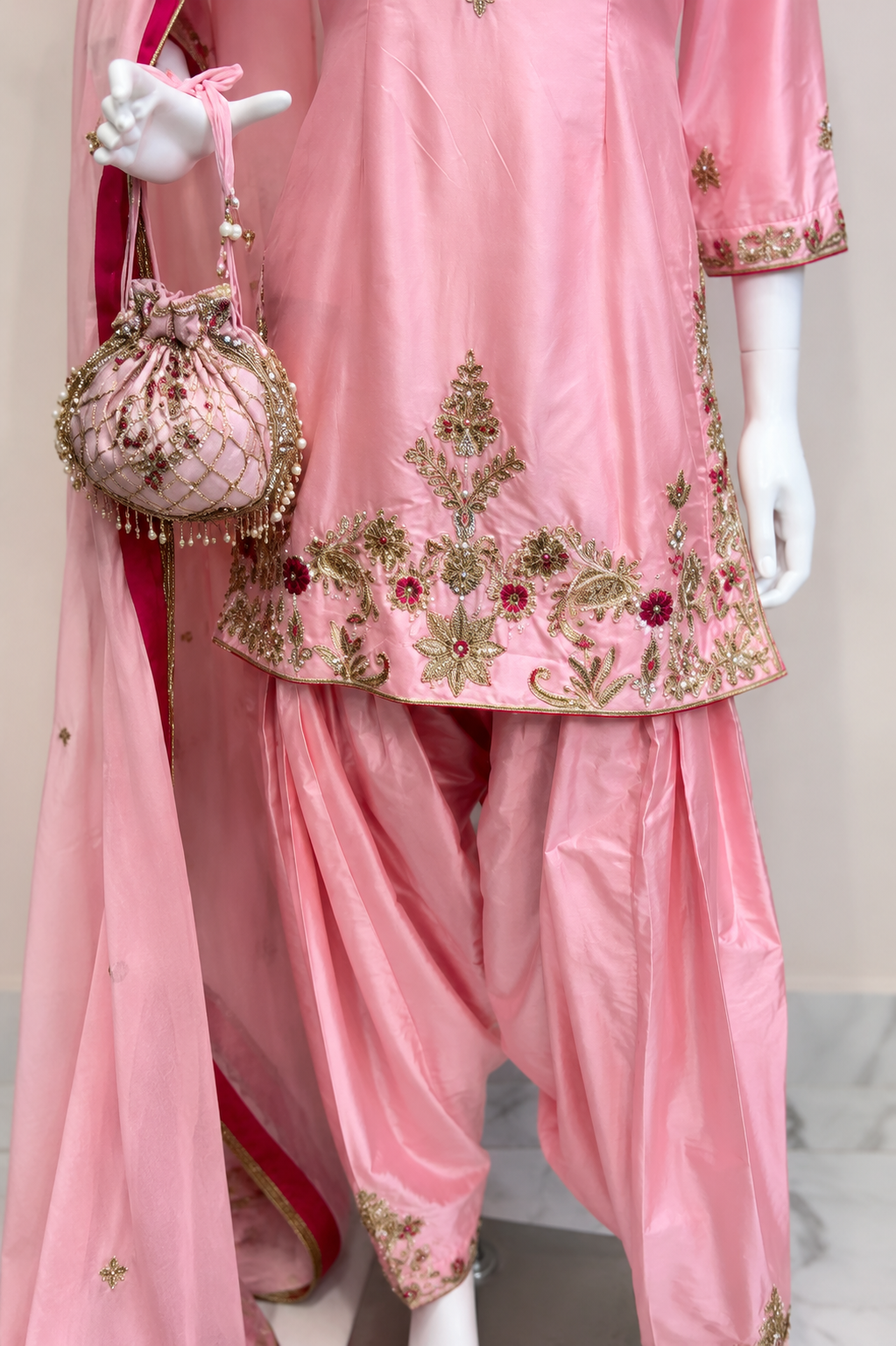Baby Pink Floral Embroidered Punjabi Suit Set