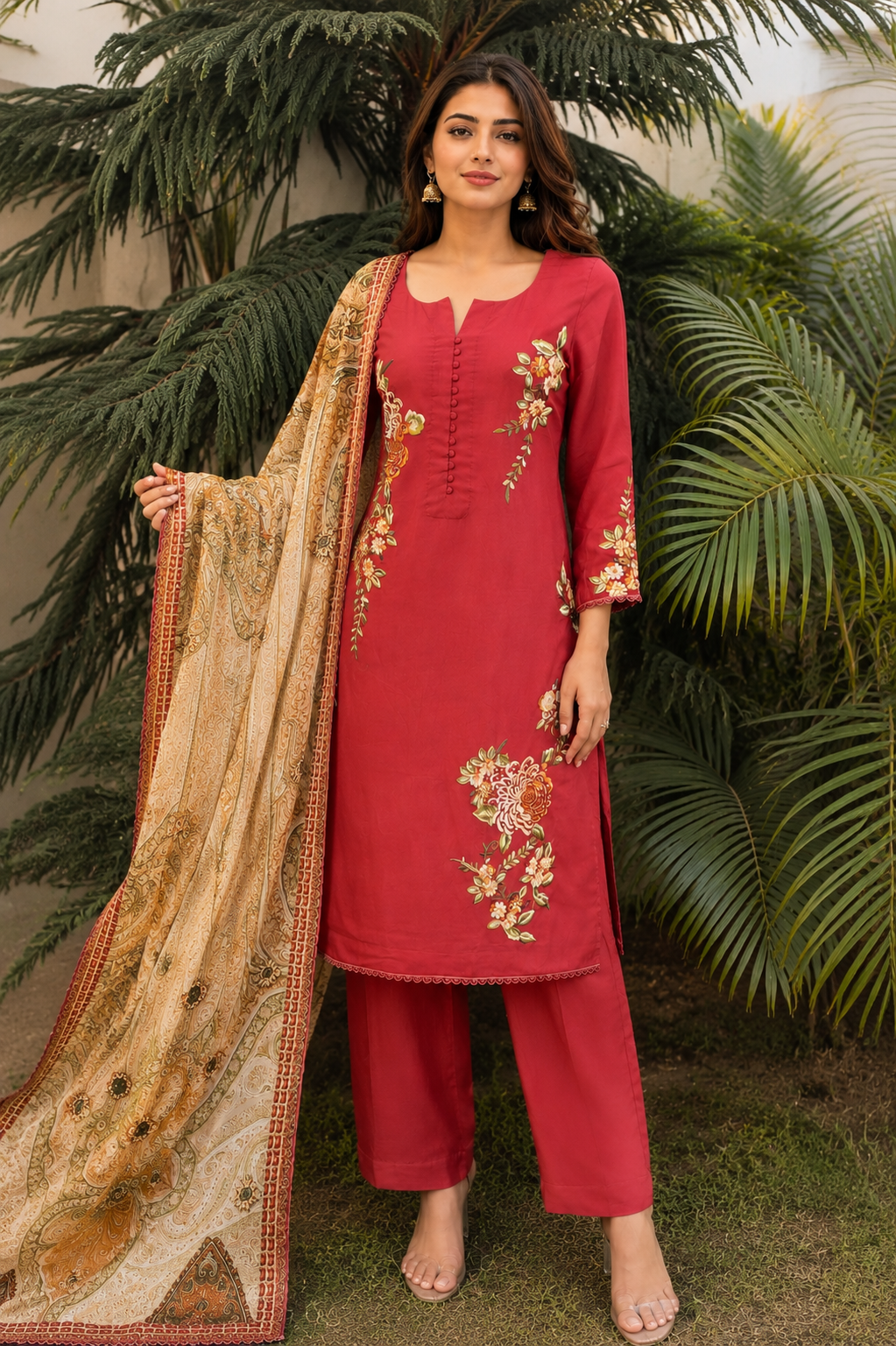 Rose Crimson Floral Punjabi Suit Set
