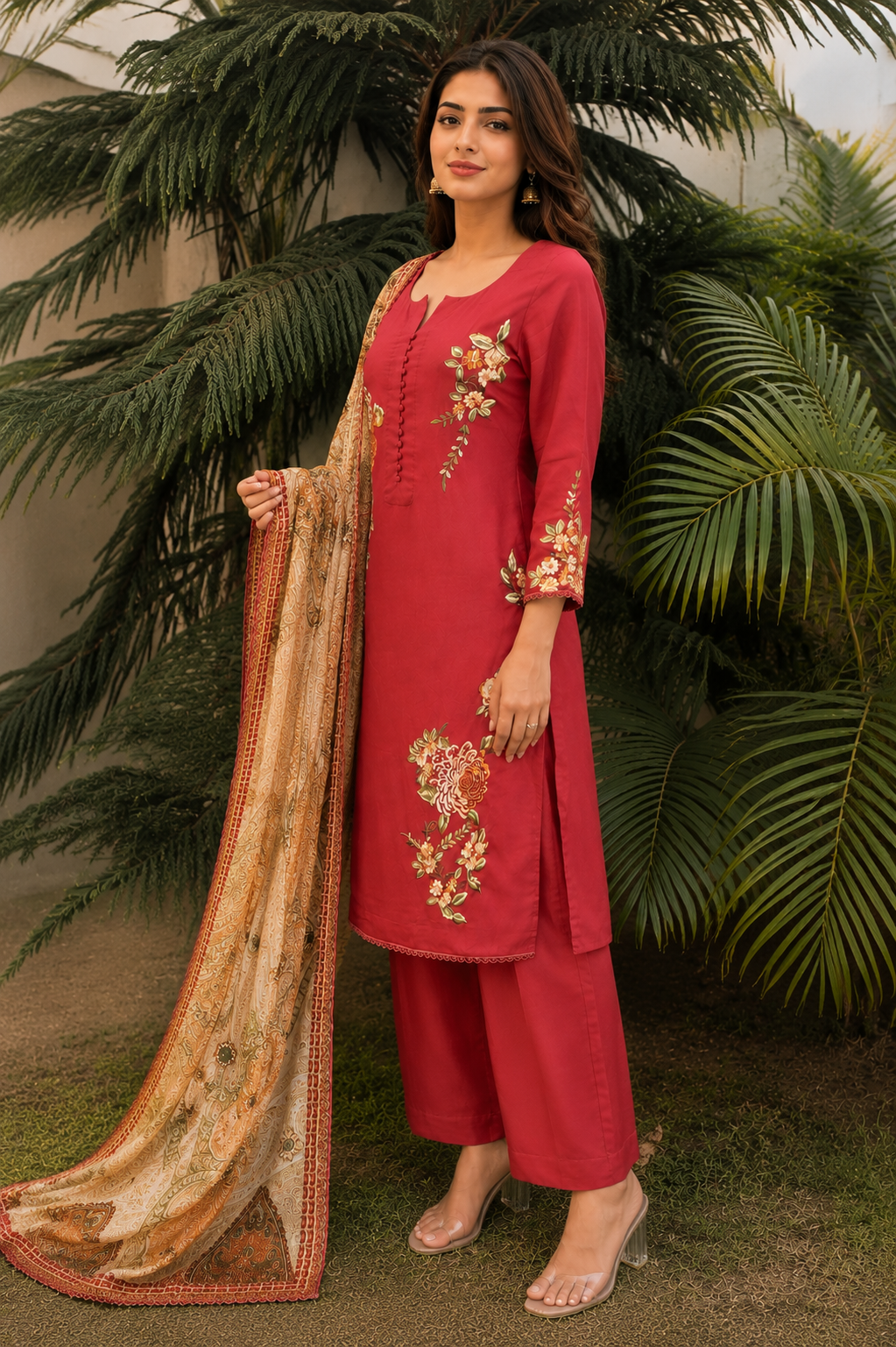 Rose Crimson Floral Punjabi Suit Set