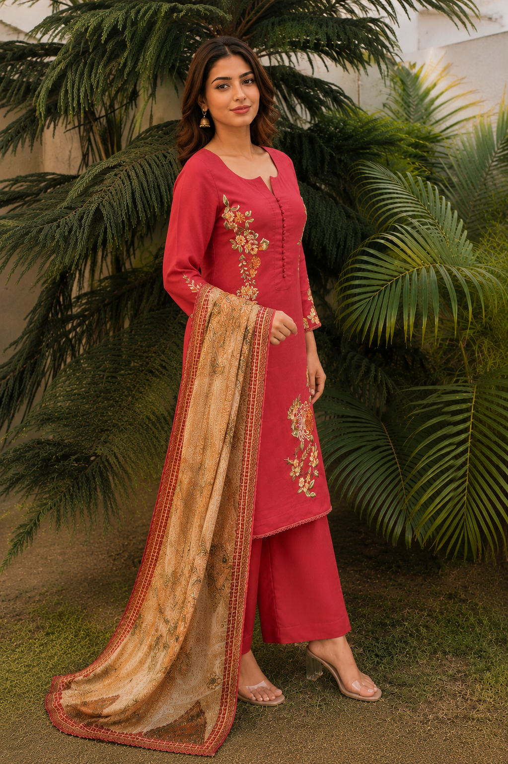 Rose Crimson Floral Punjabi Suit Set