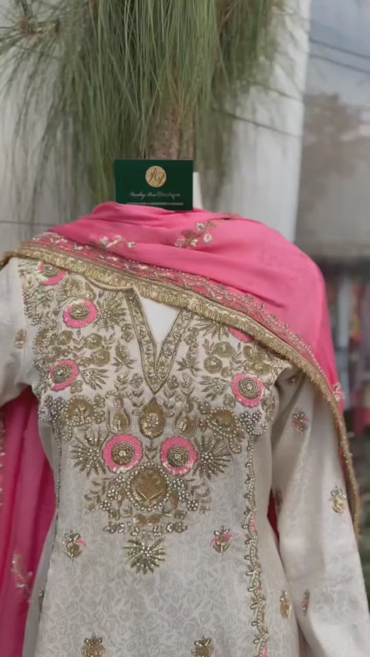 Ivory Pink Zardozi Hand Embroidered Punjabi Suit Set