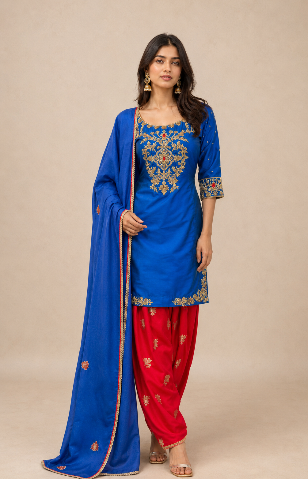 Royal Blue Hand Embroidered Punjabi Suit Set with Silk Brocade Salwar