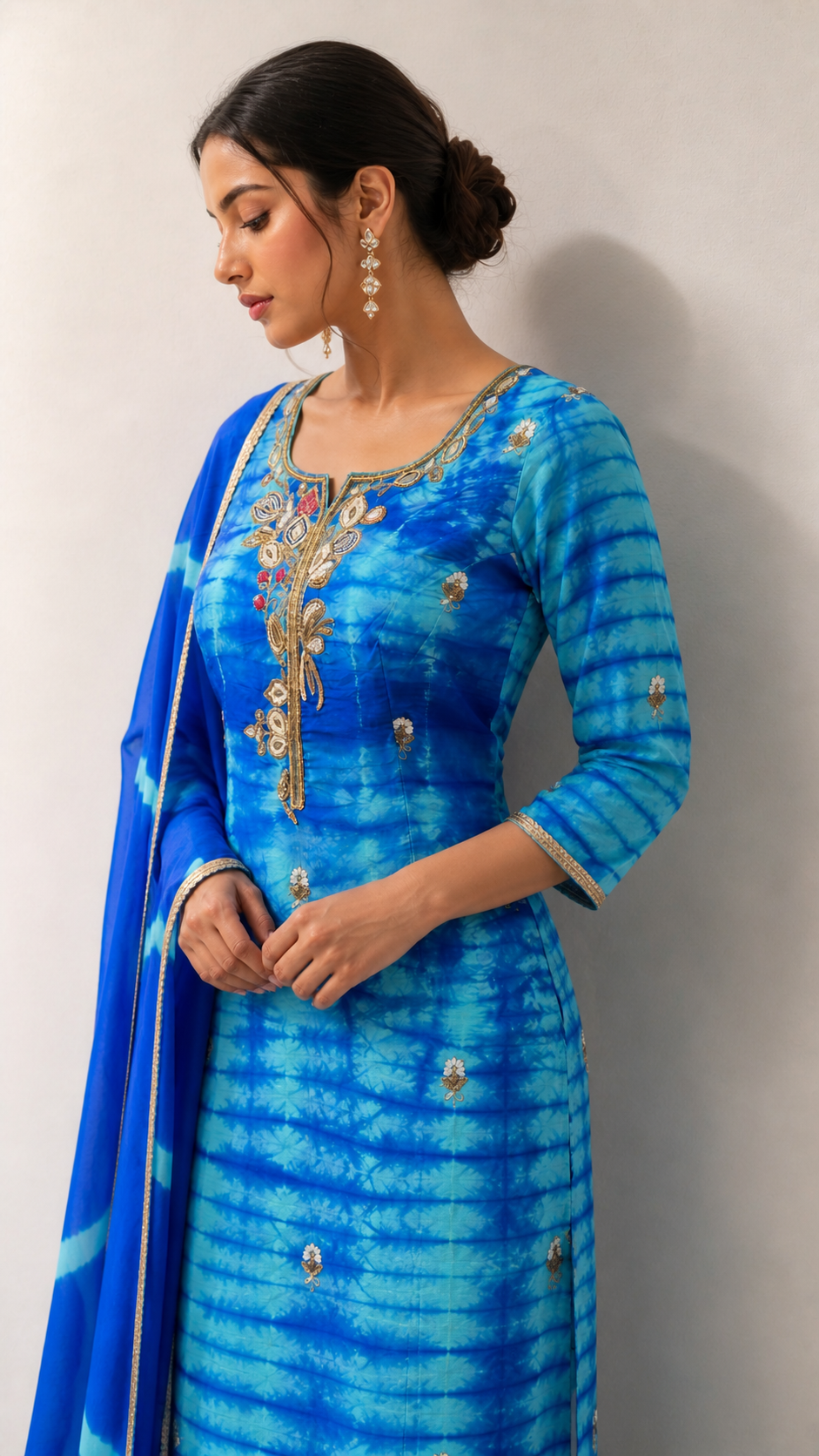 Royal Blue Pure Silk Punjabi Suit Set with Pure Leheriya Dupatta